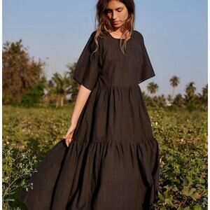 Christy Dawn Theo Dress Noir Khadi Tiered Cotton Midi Medium